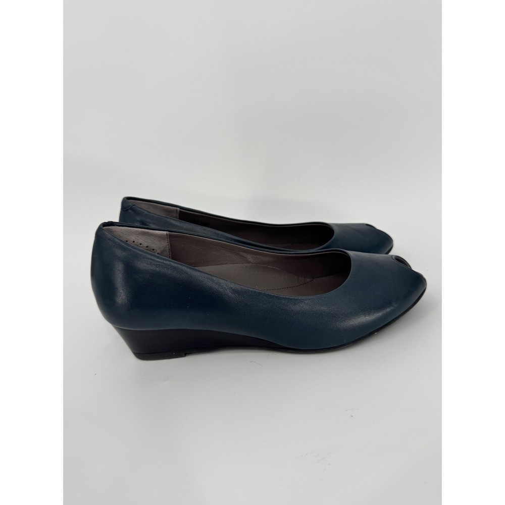 SAS Scarlett Peep Toe Wedge Pump Blue Leather Women's 8 Wide Made in Italy